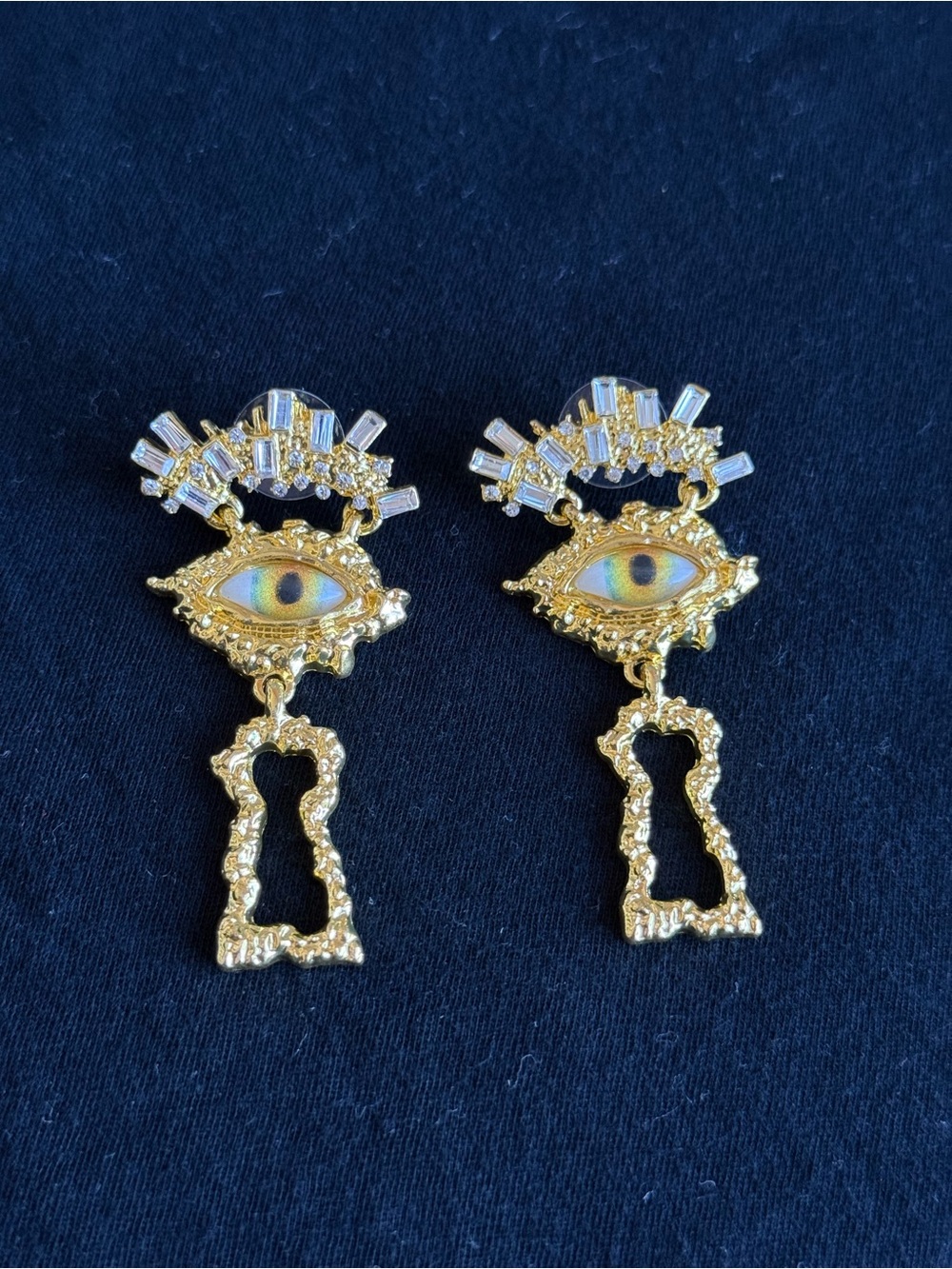 Schiaparelli Inspired Gold Eye Drop Earrings with Crystal Accents